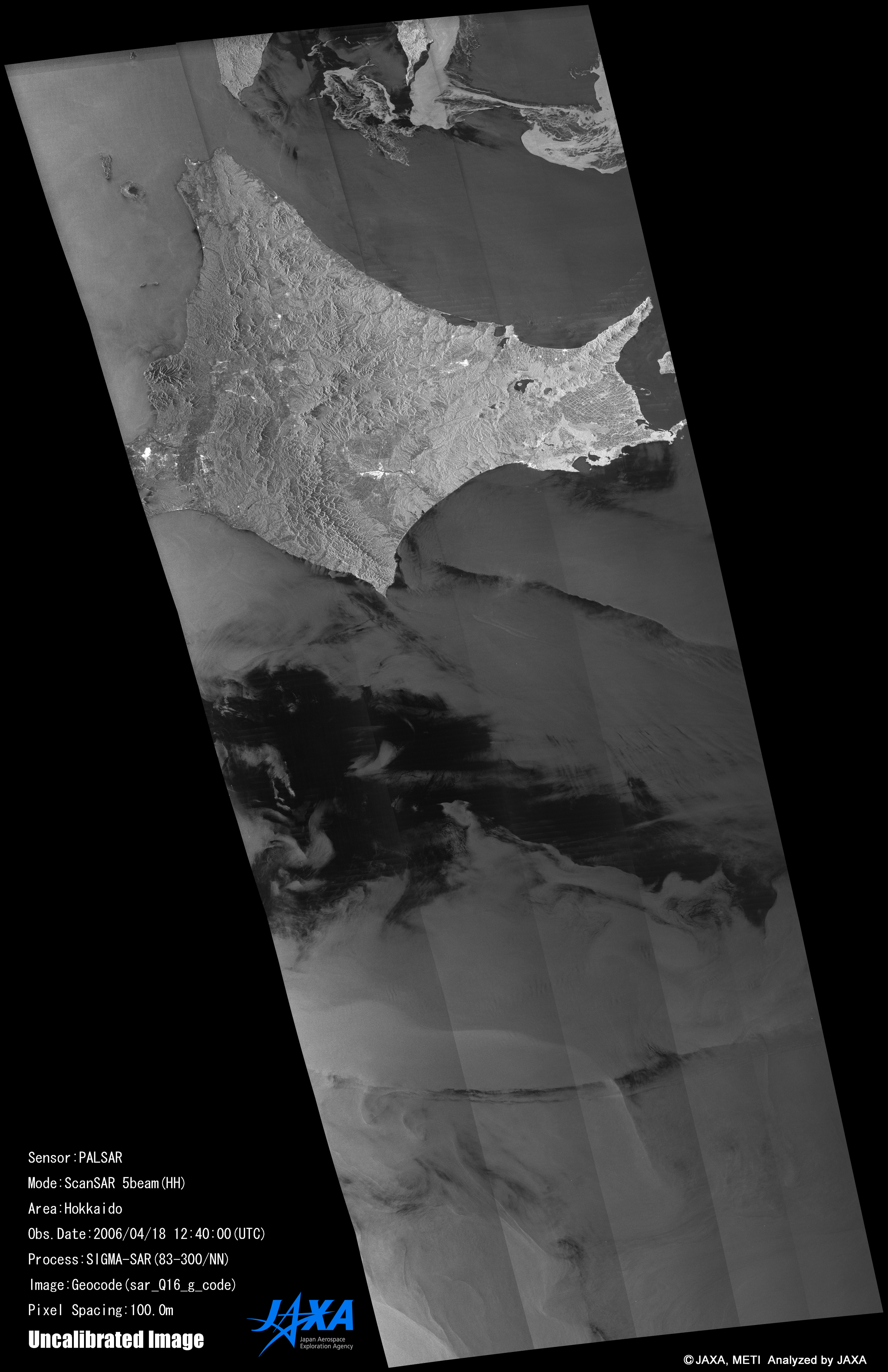 Sea of Okhotsk and Sea ice, image data acquired by PALSAR (ScanSAR) during the night on Apr. 18, 2006.