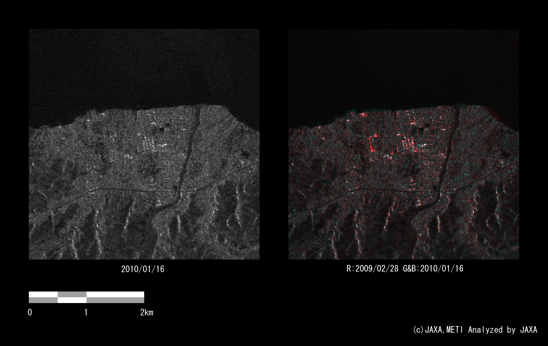 Fig. 4: An enlarged amplitude image around Grand Goave (left) and a color composite image (right) enclosed by the red rectangle in Figure 3.