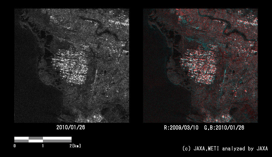 Fig. 4: An enlarged amplitude image around the north of Port-au-Prince (left) and a color composite image (right) enclosed by the blue rectangle in Figure 2.