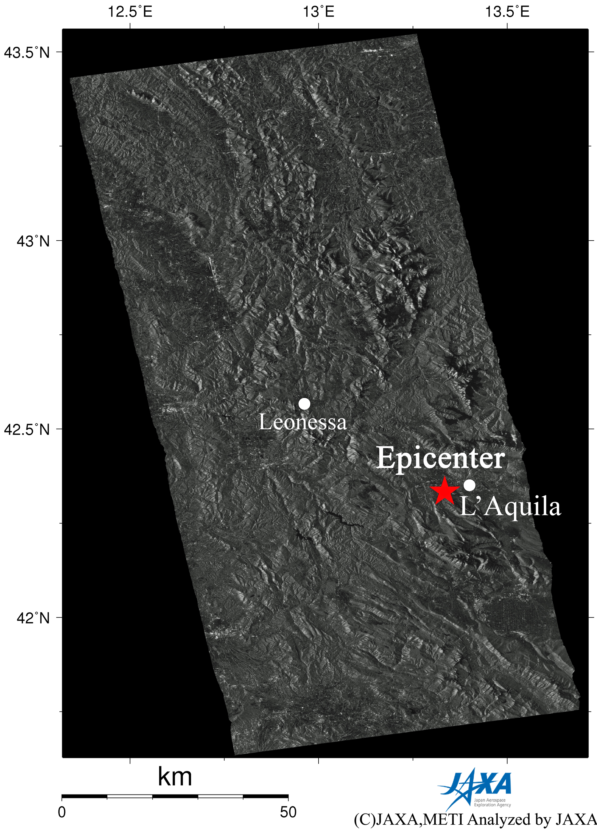Observation Results of ALOS/PALSAR relating to the magnitude 6.3 Earthquake in Central Italy - Figure 1 right is a PALSAR amplitude image acquired after the earthquake indicating an observation field of 700km from south to north.