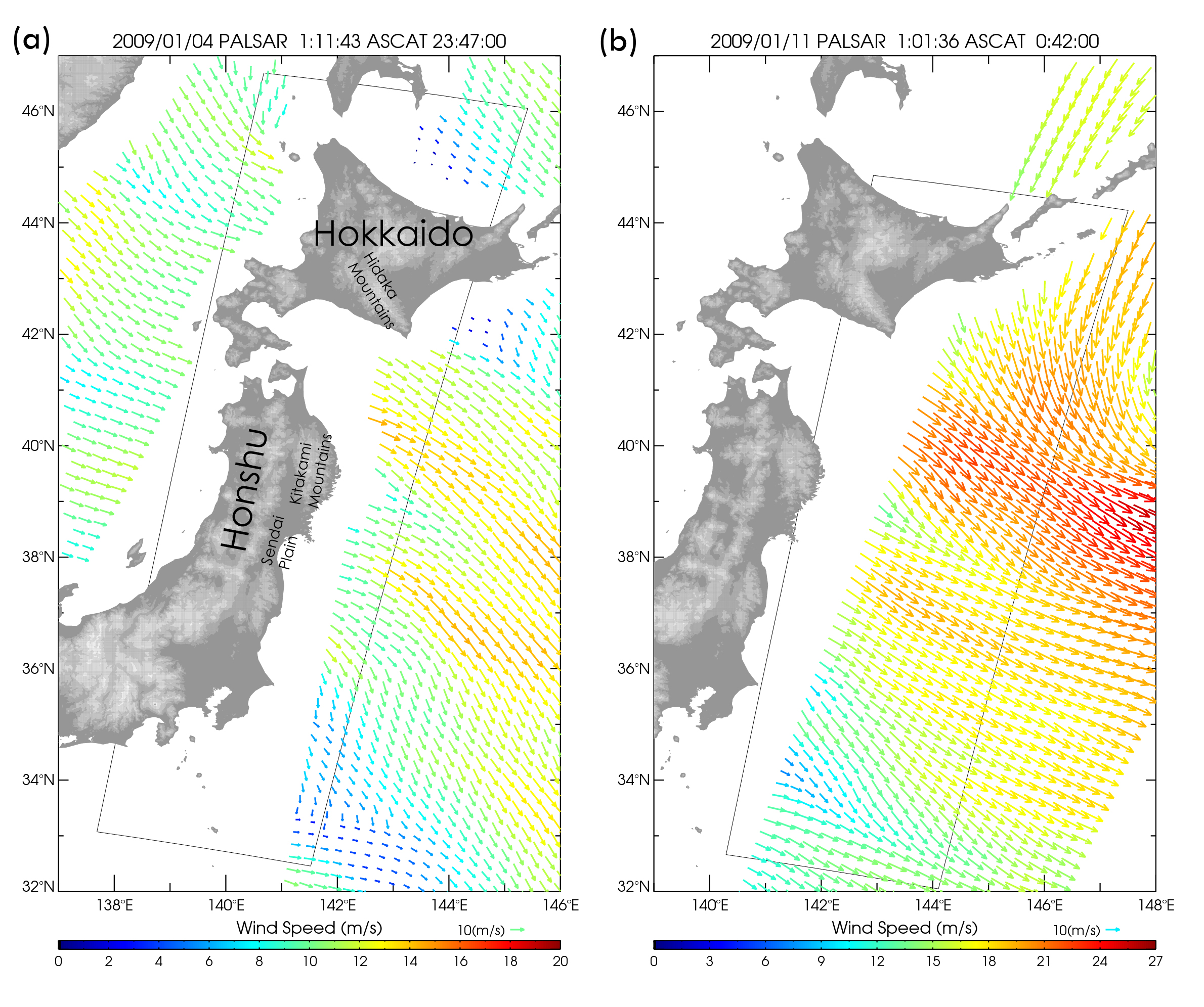 Fig.2 Ocean surface winds from MetOp/ASCAT at (a) 23:47 UTC 3 January 2009 and (b) 0:42 UTC 11 January 2009. Black frames indicate the PALSAR observation areas shown in Fig. 1.