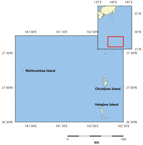 Fig.1: Location of the Ogasawara Islands (Chichijima Island and Hahajima Island) and Nishinoshima Island