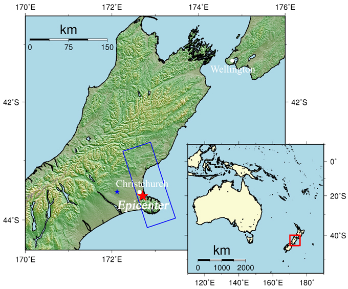 Fig. 1: An overall view of the observation area (We refer to SRTM3 as terrain data). The blue rectangle indicates the observation area shown in Fig. 2. The red star represents the epicenter of this earthquake, and the blue star represents the epicenter of the previous earthquake on September 4, 2010.