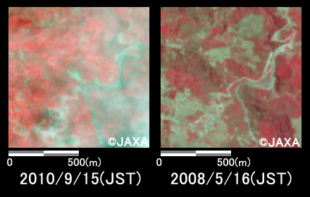 Fig. 3: Enlarged images where mudslides occurred (1 square kilometer, left: September 15, 2010; right: May 16, 2008).