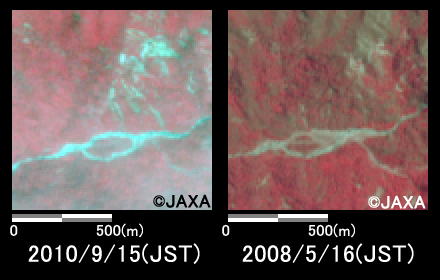 Fig. 4: Enlarged images where mudslides occurred (1 square kilometer, left: September 15, 2010; right: May 16, 2008).