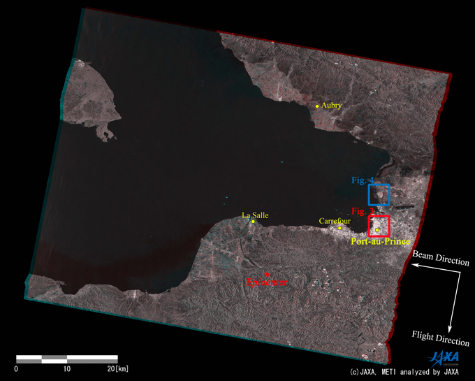 Fig. 2. A color composite image generated from PALSAR amplitude images acquired before (red: 2009/3/9) and after (green & blue: 2010/1/25) the earthquake.