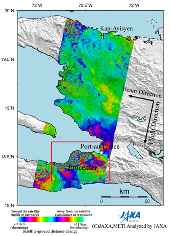 Figure 5 left is an interferogram generated from PALSAR data acquired before (2009/3/9) and after (2010/1/25) the earthquake using the DInSAR technique. A color pattern illustrates changes of satellite-ground distance for the period.