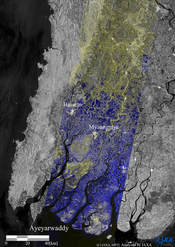 A color composite of these images (Fig.2), RED and GREEN for after the flood of May 6 and BLUE for the before of Apr. 24, shows the land surface change in the color. BLUE color in the figure shows the flooding in dominant and it spread out widely in the image.