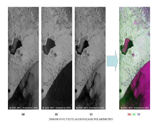 Figure 2 presents HH, HV and VH polarimetric images and RGB color composite images of Tomakomai, Japan, acquired by PALSAR using H/V polarization on August 19, 2006.