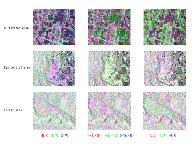 Fig. 4. Polarimetric images of cultivated, residential and forest areas.