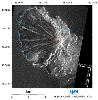 Figure 1 right is a PALSAR amplitude images acquired before (right: 2007/3/14) the eruption.