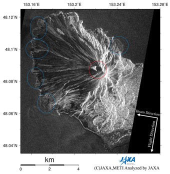 Figure 1 left is PALSAR amplitude images acquired after (left: 2009/6/19) the eruption.