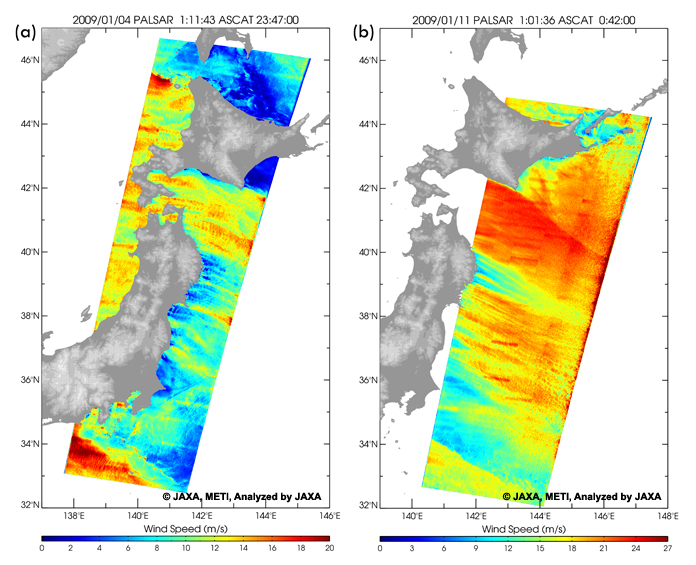 Fig. 1 shows ocean surface wind speeds around Japan derived by ALOS/PALSAR ScanSAR observations on (a) 4 and (b) 11 January 2009.
