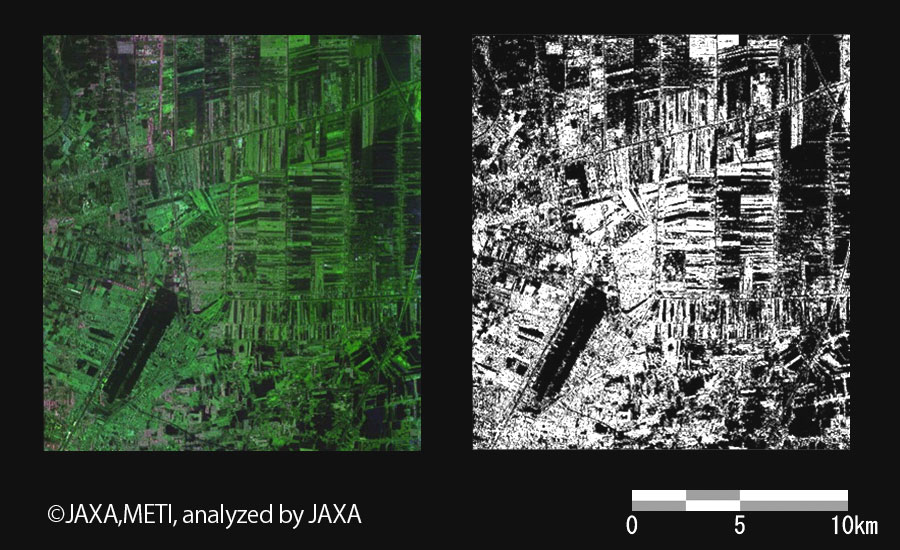 Fig. 3: Enlarged images of near the Don Muang airport, The map of flood region by Pi-SAR-L (Left: Pi-SAR-L image / Right: flood region).