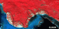 被災後観測されたAVNIR-2フォールスカラー画像による2007年4月8日観測のソロモン諸島・ギゾ島南部