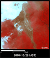 陸域観測技術衛星「だいち」搭載センサ、アブニール・ツーで観測されたジャワ島・ムラピ山南東斜面の拡大(約4kmＸ4kmのエリア、噴火後の2010年10月29日観測)