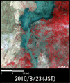 陸域観測技術衛星「だいち」搭載センサ、アブニール・ツーで観測されたパキスタン・ハイダラーバード付近の河川増水の様子(約30km×30kmのエリア、災害後2010年8月23日観測)