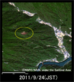 災害後の2011年9月24日にフォルモサット・ツーにより観測された岐阜県恵那市加須里周辺の様子 (約3km×3kmのエリア)