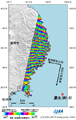 東日本大震災に伴う地殻変動を検出するため、陸域観測技術衛星「だいち」(ALOS)搭載のLバンド合成開口レーダ(PALSAR；パルサー)により観測された地震前(2010年9月18日)と地震後(2011年3月21日)に取得した画像を使用して作成した差分干渉処理画像