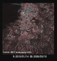 陸域観測技術衛星「だいち」(ALOS)搭載のLバンド合成開口レーダ(PALSAR；パルサー)により観測されたハイチ大統領宮殿付近の地震前後のPALSAR変化抽出画像。地震後(2010年1月14日観測、オフナディア角25.8度)のPALSAR画像を赤色に、地震前(2009年3月10日観測、オフナディア角34.3度)のPALSAR画像を緑色と青色に着色してカラー合成しているもの。