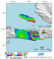 地震前(2009年3月1日)と地震後(2010年1月17日)の画像を比較したハイチでのPALSAR差分干渉画像