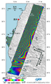 2010年2月27日15時34分頃(日本時間)に発生したチリ中部の沿岸地震に伴う地殻変動を検出するため、陸域観測技術衛星「だいち」(ALOS)搭載のLバンド合成開口レーダ(PALSAR；パルサー)により地震後の観測画像と地震前に取得した同じ軌道からの画像を使用して作成した差分干渉処理画像の2010年3月18日までの結果(降交軌道のみ)