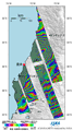 2010年2月27日15時34分頃(日本時間)に発生したチリ中部の沿岸地震に伴う地殻変動を検出するため、陸域観測技術衛星「だいち」(ALOS)搭載のLバンド合成開口レーダ(PALSAR；パルサー)により地震後の観測画像と地震前に取得した同じ軌道からの画像を使用して作成した差分干渉処理画像の2010年3月21日までの結果(昇交軌道のみ)