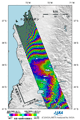 2010年2月27日15時34分頃(日本時間)に発生したチリ中部の沿岸地震に伴う地殻変動を検出するため、陸域観測技術衛星「だいち」(ALOS)搭載のLバンド合成開口レーダ(PALSAR；パルサー)により地震後の観測画像(2010年3月31日)と地震前(2010年2月13日)に取得した同じ軌道からの画像を使用して作成した差分干渉処理画像