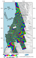 2010年2月27日15時34分頃(日本時間)に発生したチリ中部の沿岸地震に伴う地殻変動を検出するため、陸域観測技術衛星「だいち」(ALOS)搭載のPALSARにより地震後の観測画像と地震前に取得した同じ軌道からの画像を使用して作成した差分干渉処理画像(地殻変動図、これまでに実施したチリ地震に関する観測結果)