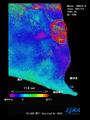 陸域観測技術衛星「だいち」(ALOS)搭載のPALSARが観測した2009年8月11日午前5時7分(日本時間)頃に発生した駿河湾を震源とする地震前と地震後の差分干渉画像