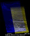 陸域観測技術衛星「だいち」(ALOS)搭載のLバンド合成開口レーダ(パルサー)により観測されたカザフスタン南東部アルマトイ州。大雨・雪解け水による被災地の2時期の画像の重ね合わせ(赤・緑：災害後(2010年3月17日)観測、青：災害前(2006年9月29日)観測のカラー合成)