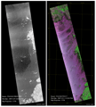 2007年12月7日に韓国・黄海上で発生した、大型タンカーの衝突事故による原油流出現場のPALSAR画像。左) 2007年12月9日観測の高分解モード、右) 12月11日観測のポラリメトリカラー合成画像 (赤:HH、緑:HV、青:VV)