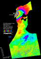 平成19年4月10日22時27分頃に取得したPALSARの画像データと、平成19年2月23日にPALSARで取得した画像を差分干渉処させて得た地殻変動図