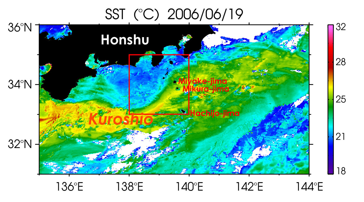 MODIS-observed sea surface temperature (SST) field on June 17-19, 2006.