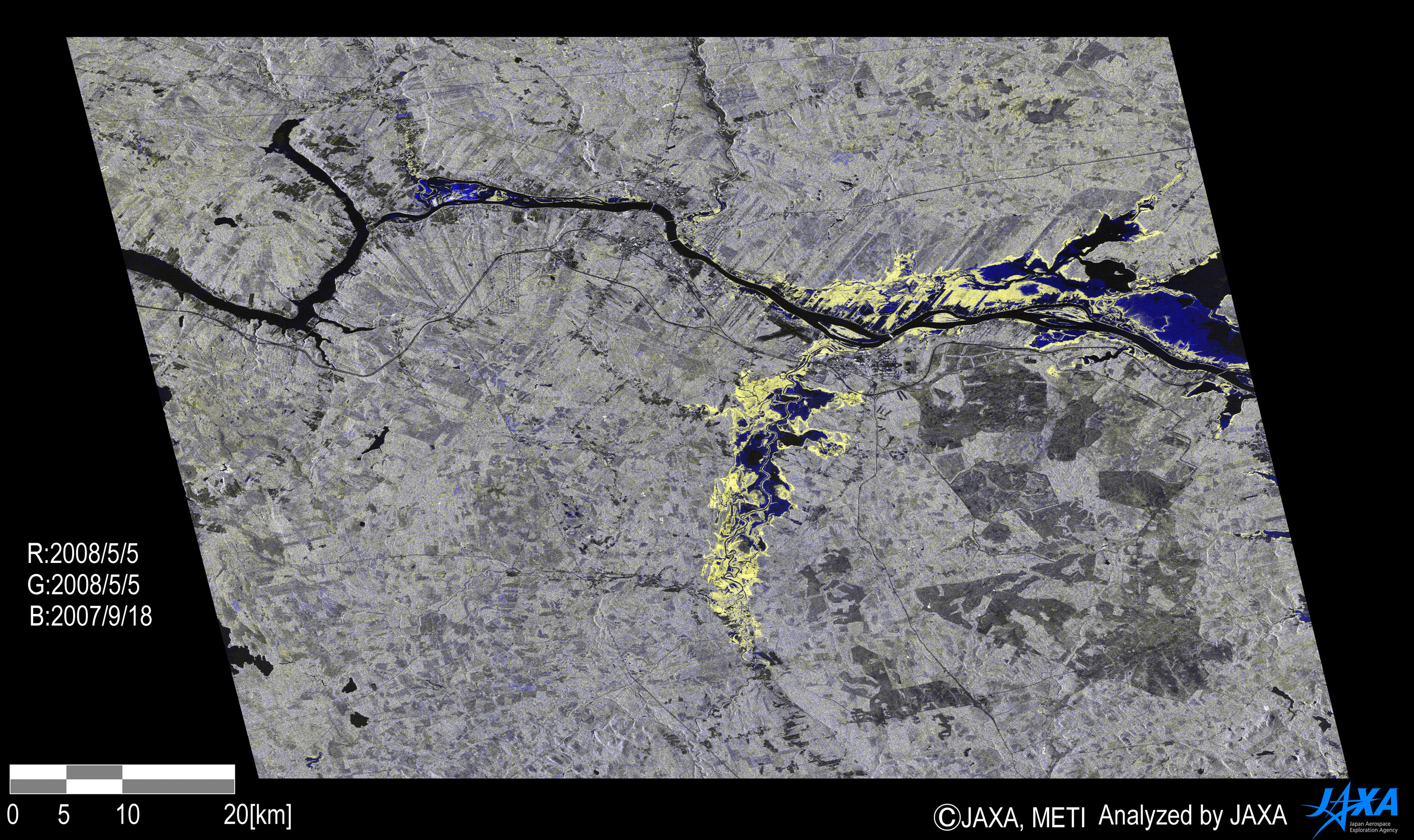 A color composite of these images, RED and GREEN for after the flood of May 5, 2008 and BLUE for the before of Sep. 18, 2007, shows the land surface change in the color. BLUE color in the figure shows the flooding in dominant and it spread out widely in the image.