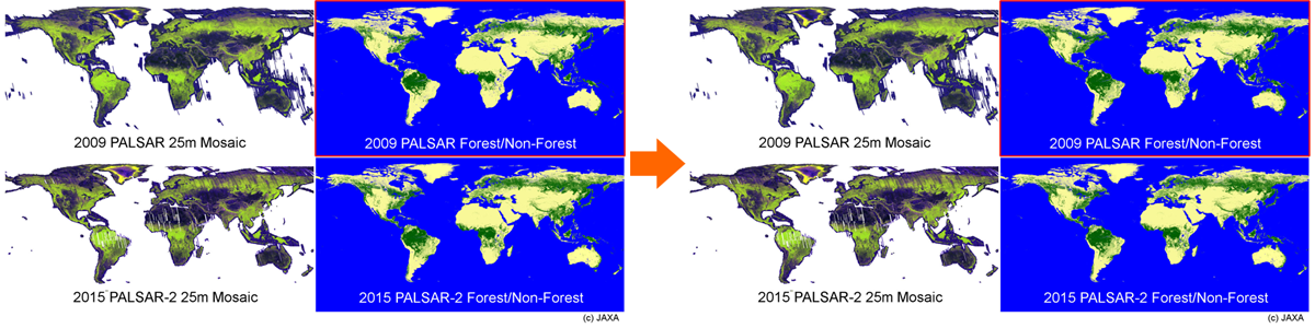 2009年/PALSARの森林・非森林マップ修正前(左)と修正後（右）の図