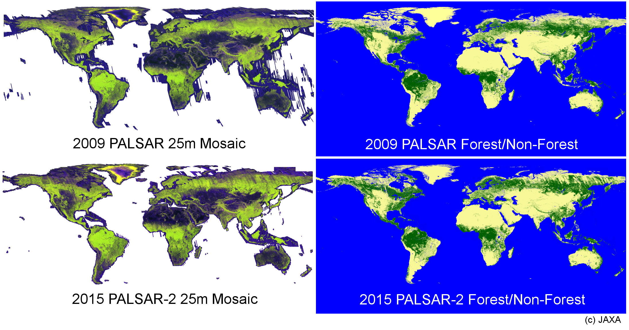 図1: (左上) 2009年/PALSARの全球モザイク画像、(右上) 2009年/PALSARの森林・非森林マップ、(左下) 2015年/PALSAR-2の全球モザイク画像、(右下) 2015年/PALSAR-2の森林・非森林マップ