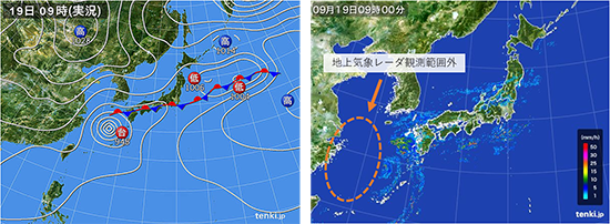 （左）図２　地上天気図2016年9月19日9時（右）図３　地上レーダ画像2016年9月19日9時