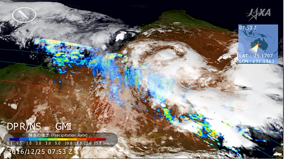 図１　2016年12月25日のオーストラリア内陸部の雲と降水の強さ（JAXA GPM/DPR）