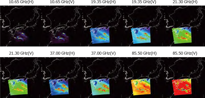 日本周辺のマイクロ波放射計シミュレーション結果の例