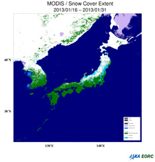 日本列島周辺の陸上の積雪・海上の雪氷分布（2013年1月16日〜31日）