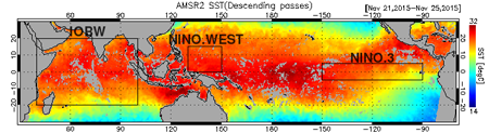 GCOM-W/AMSR2による、2015年11月21～25日の熱帯インド洋～太平洋の海面水温分布