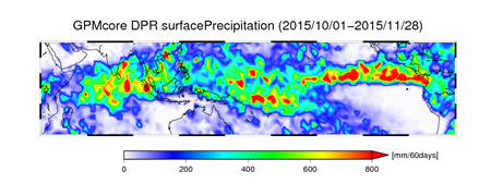 GPM主衛星DPRによる、2015年10月1日～11月28日の積算地表面降水量分布