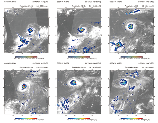 「しずく」搭載AMSR2による台風5号の降雨分布。ひまわり8号の雲画像の上に重畳。上段左から、平成29年7月31日13:09、7月31日1:18、8月1日2:01、下段左から8月2日12:57、8月3日13:42、8月4日1:47（日本時間）に観測。