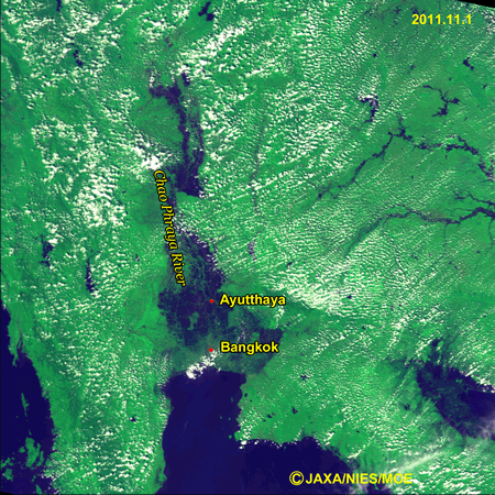 An image showing the flood in Thailand as observed by GOSAT/CAI