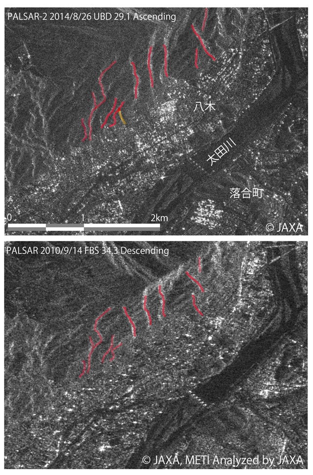 Fig. 4: Linear structure were picked up from the Fig. 3 image, and drawn in red line. Additional lineament structure observed with PALSAR-2 is drawn in orange line.