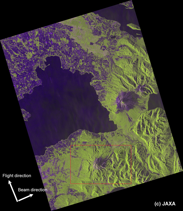 Fig.2: The PALSAR-2 image over Calbuco volcano region taken on April 25. 2015. The red box at the bottom of image shows location of the Calbuco volcano area.