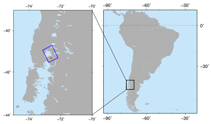 Fig.1: Observation area of the PALSAR-2 observation for Calbuco volcano on April 25, 2015. The red point and the blue box illustrate the location of Calbuco volcano and the observation area of PALSAR-2, respectively.