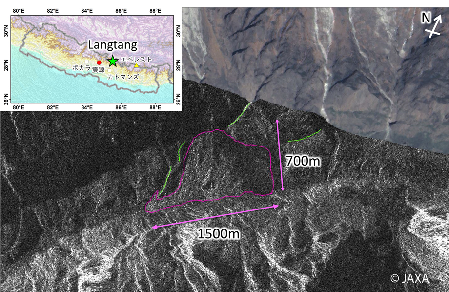 Fig. 1: PALSAR-2 image observed on Apr. 26, 2015. The background image is an ALOS pan-sharpened image. Green lines are identifiable ridges (as markings of terrain).