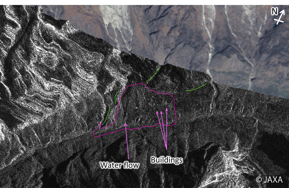 Fig. 2: PALSAR-2 image observed on Dec. 28, 2014. The background image is an ALOS pan-sharpened image.